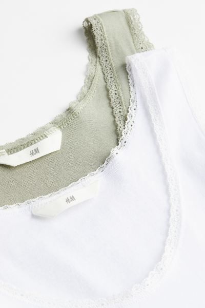 2-pack lace-trimmed vest tops - Light khaki green/White - Ladies | H&M GB | H&M (UK, MY, IN, SG, PH, TW, HK)
