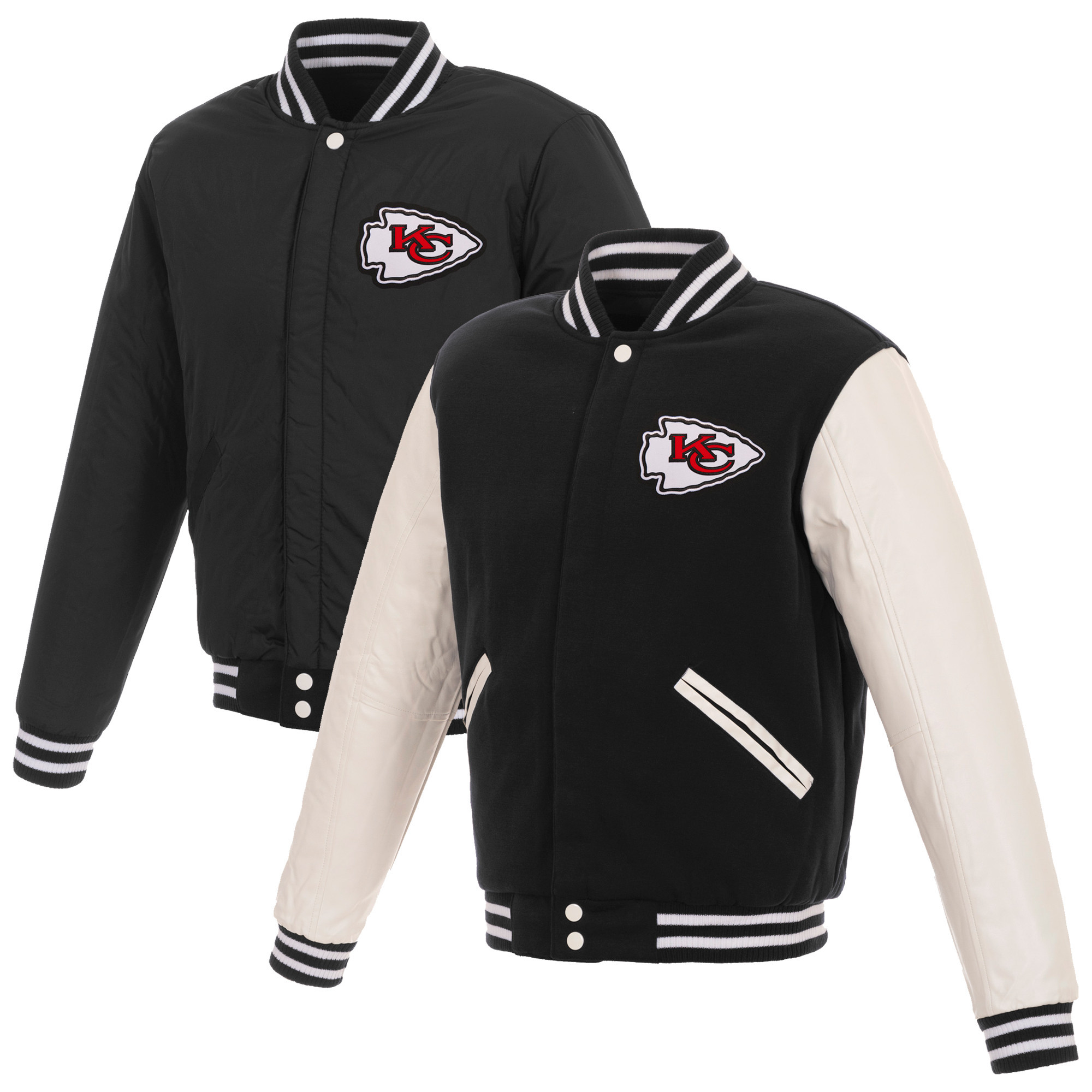 Men's JH Design Black/White Kansas City Chiefs 19 Mens Reversible Fleece Jacket W/ Faux Leather Sleeves | Fanatics
