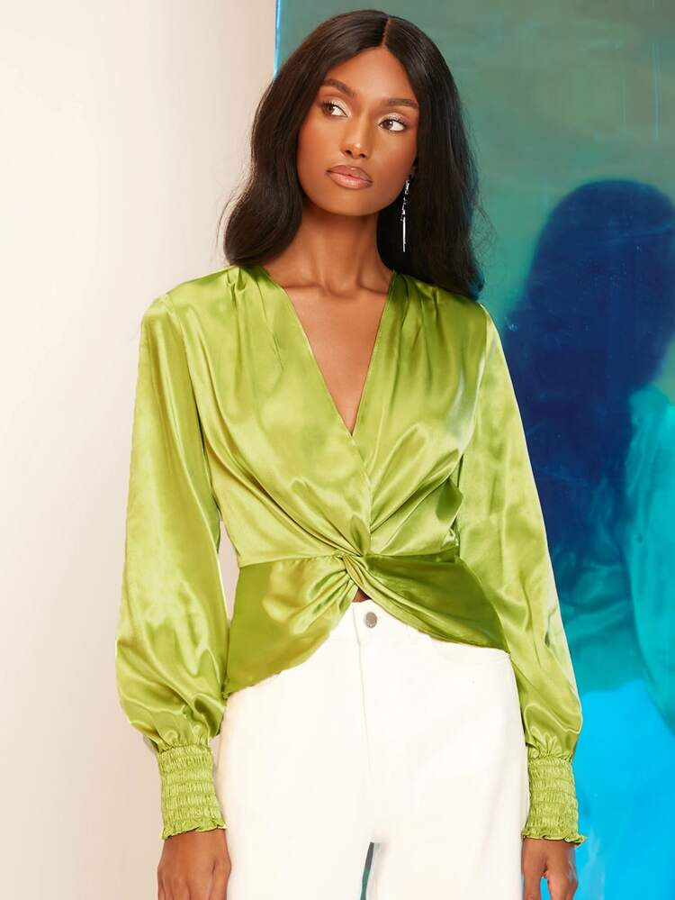 SHEIN NEWNESS Twist Front Shirred Cuff Satin Top | SHEIN