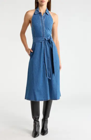Alice + Olivia Chassidy Chambray Halter Dress in Medium Indigo Chambray at Nordstrom Rack, Size 4 | Nordstrom Rack