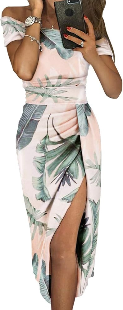 Dearlove Women's Casual Off The Shoulder Floral Print High Slit Evening Party Dress | Amazon (US)