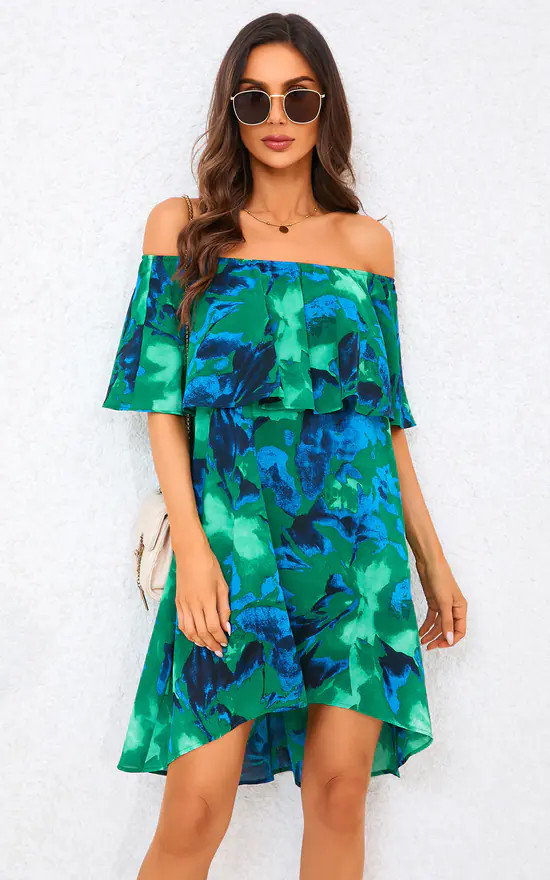 Abstract Floral Print Bardot Frill Off Shoulder Mini Dres... | FS Collection | SilkFred US | SilkFred