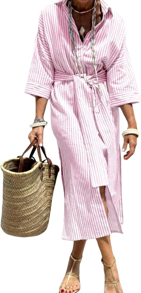 chouyatou Women's Summer 3/4 Sleeve Striped Shirt Dress Belted Maxi Long Casual Button Down Beach... | Amazon (US)