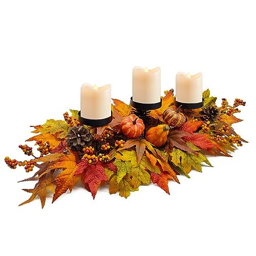 Fall Centerpiece Table Decorations, 27.5'' L Assorted Artificial Pumpkins, Berries, Maple Leaves and Pine Cones, Harvest Table Candle Holder for Dinning Table, Fireplace Mantel (Candle Not Included) | Amazon (US)