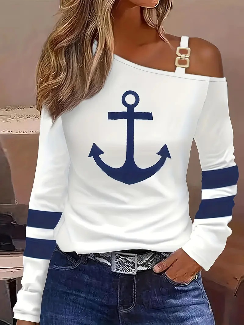 Anchor & Stripe Print Cold Shoulder T-Shirt, Casual Long Sleeve Top For Spring & Fall, Women's Cl... | Temu Affiliate Program