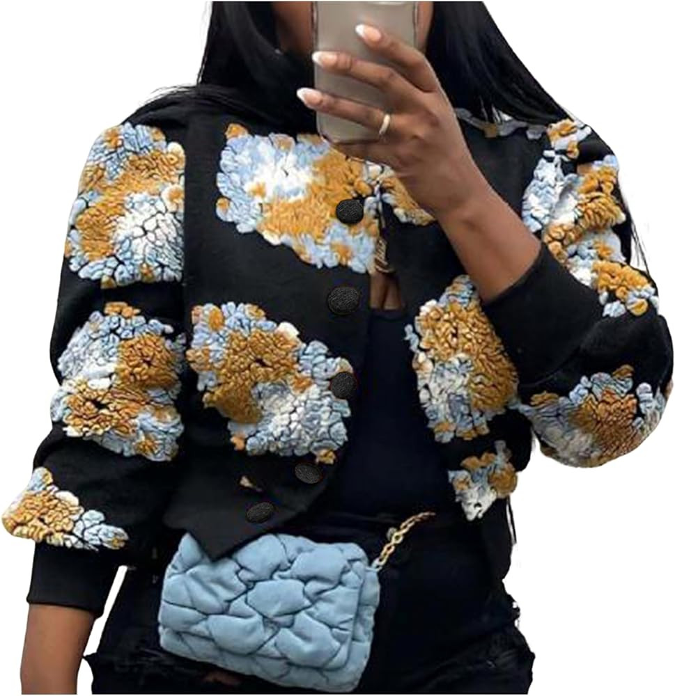Women's Cropped Floral Print Jacket Long Sleeve Fleece Warm Bomber Jacket Lightweight Button Down... | Amazon (US)
