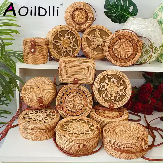 2023 Tecido Rattan Saco Redondo Palha Bolsa De Ombro Pequenas Bolsas De Praia Mulheres Verão Oco... | Aliexpress BR (BR)