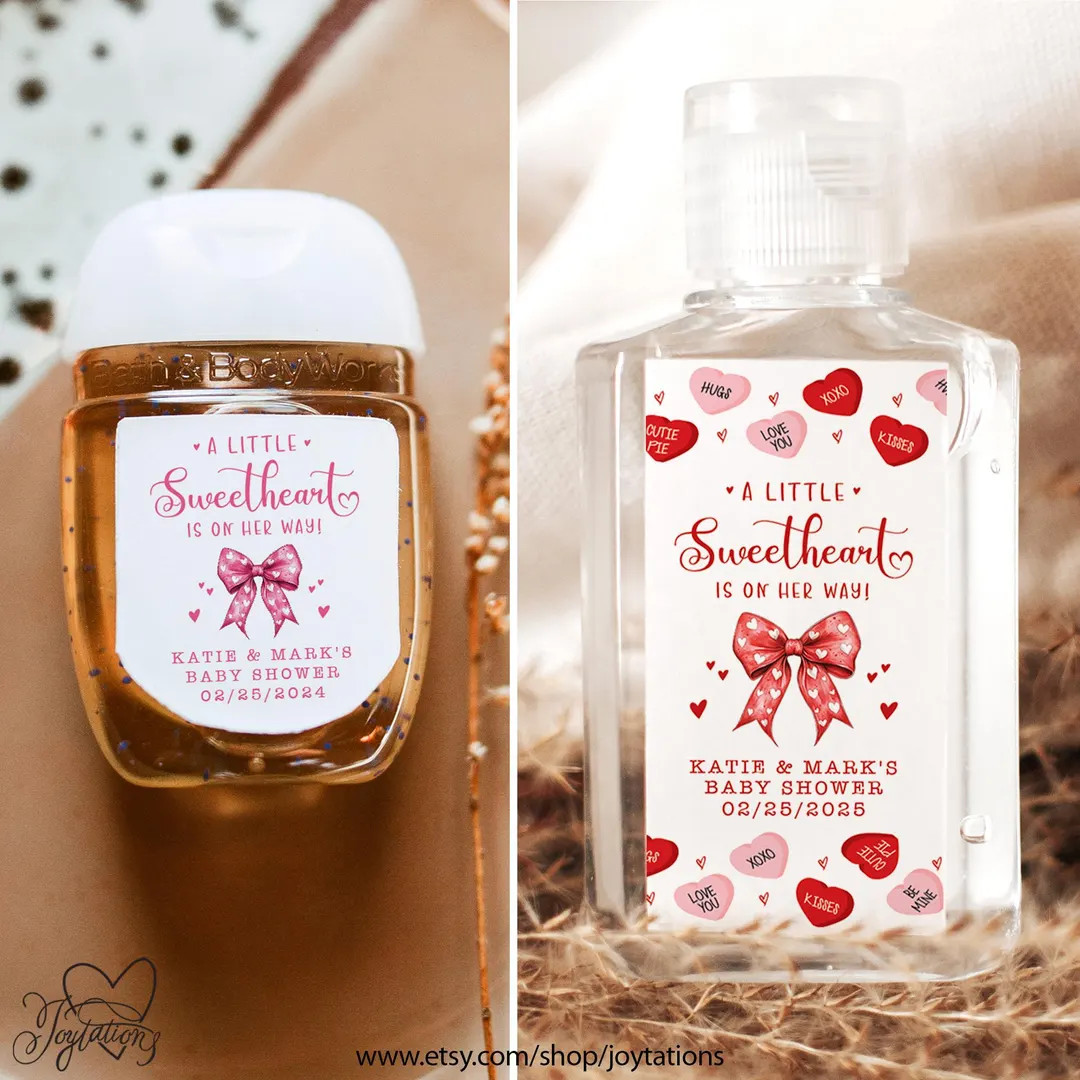Bow Hearts Baby Shower Hand Sanitizer Label Printed, Girl Valentine's Baby Shower Hand Sanitizer ... | Etsy (US)