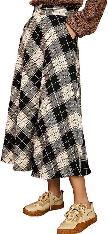 GOTOTOP Femmes Plaid Une Ligne Jupe Taille Haute Élastique Côté Couture Poches Chaud Jupe Long... | Amazon (FR)