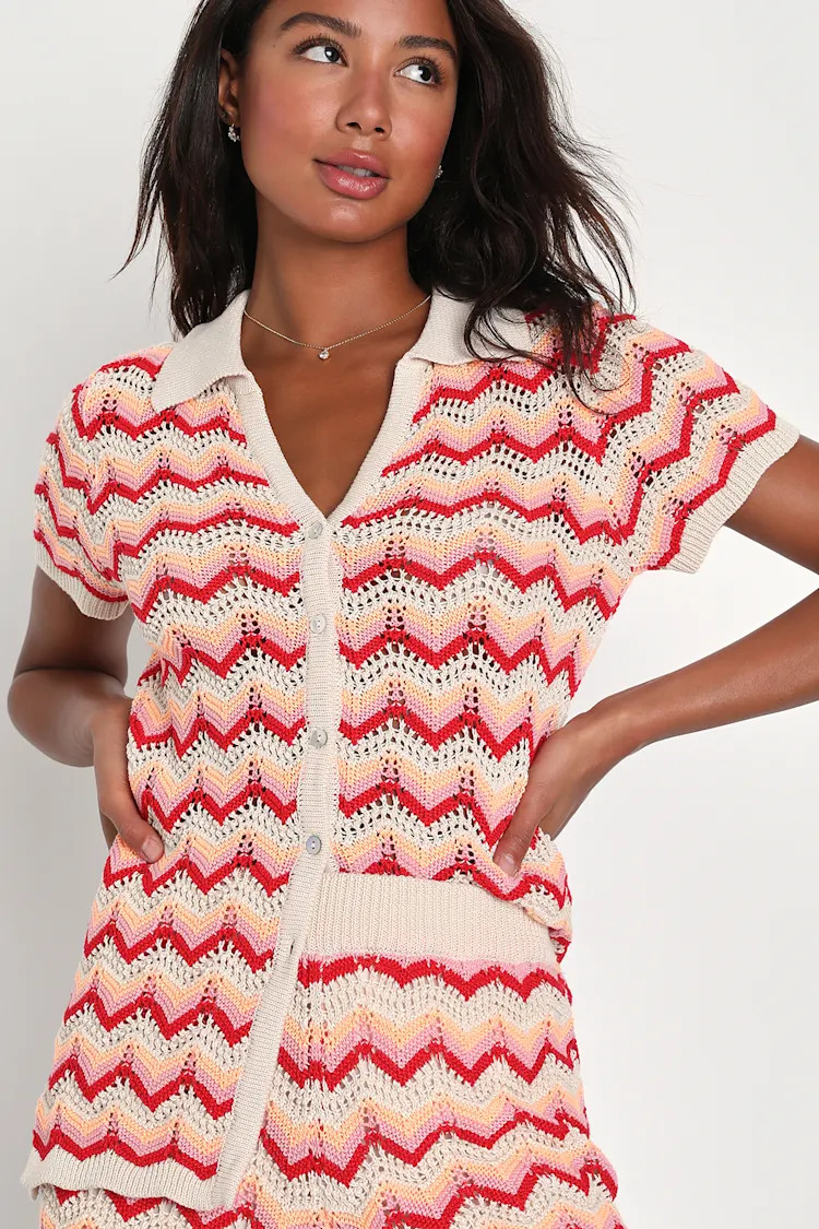 Savvy Selection Cream Multi Chevron Crochet Button-Up Top | Lulus