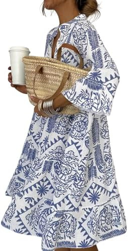 miduo Womens Summer Dress Casual V Neck Buttoned 3/4 Sleeve Bohemian Tribal Print Flowy Mini Dres... | Amazon (US)