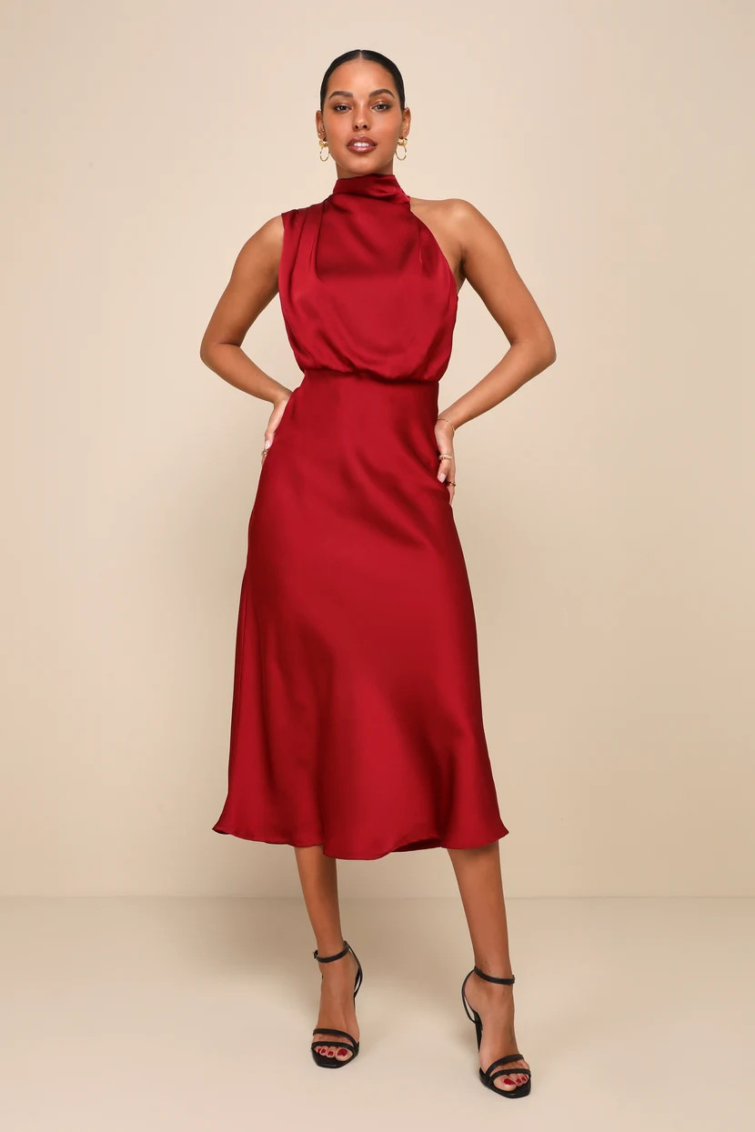 Distinctive Charm Burgundy Satin Asymmetrical Midi Dress | Lulus