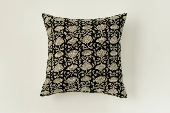 Black Floral Pillow Black Block Print Pillow Dark Pillow | Etsy | Etsy (US)