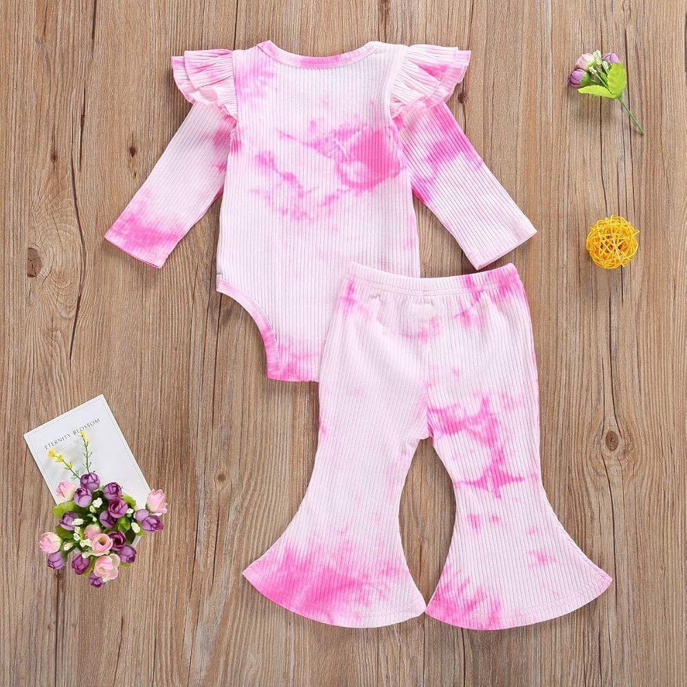 YUION Newborn Infant Baby Girl Outfit Tie Dye Long Sleeve Romper Bodysuit Flare Pants Set Spring Fal | Amazon (US)
