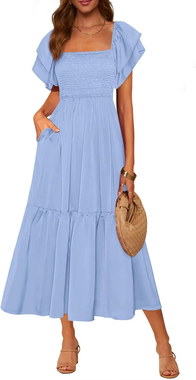 MASCOMODA Womens Summer Casual Midi Dress Square Neck Ruffle Flutter Short Sleeve Smocked A Line ... | Amazon (US)
