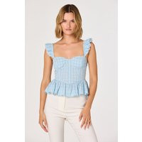 ASTR the Label | Baylin Eyelet Corset Peplum Top in Blue plaid | Size L | ASTR The Label (US)