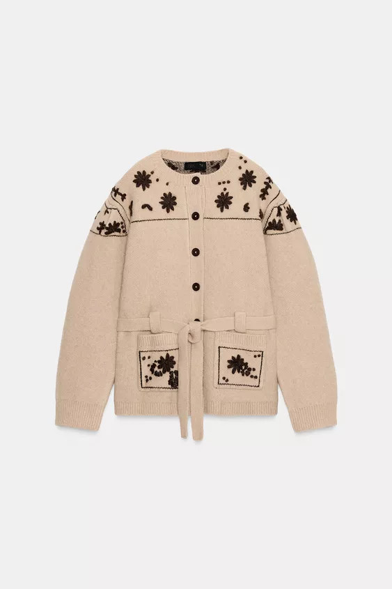 WOOL AND ALPACA BLEND CARDIGAN WITH EMBROIDERED FLOWERS AND BELT | Zara UK