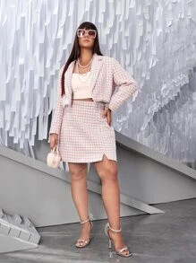 SHEIN Unity Plus Lapel Neck Open Front Fringe Hem Plaid Tweed Jacket | SHEIN