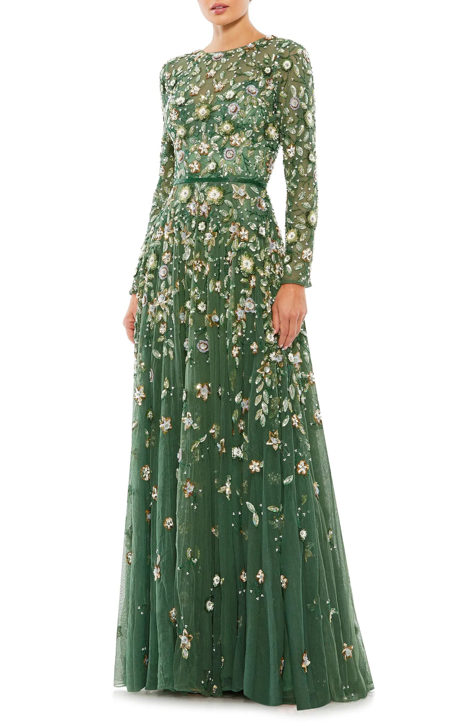 Floral Sequin Long Sleeve A-Line Gown | Nordstrom