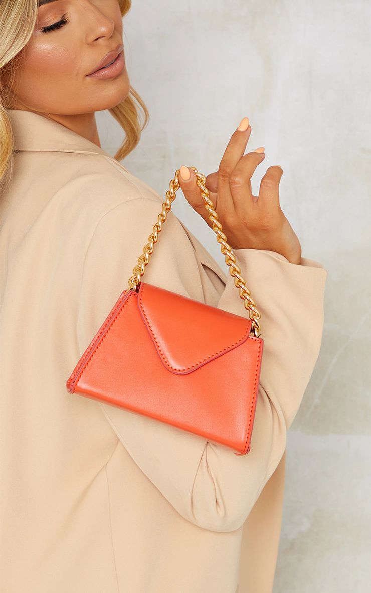 Orange Mini Envelope Gold Chain Grab Bag | PrettyLittleThing UK