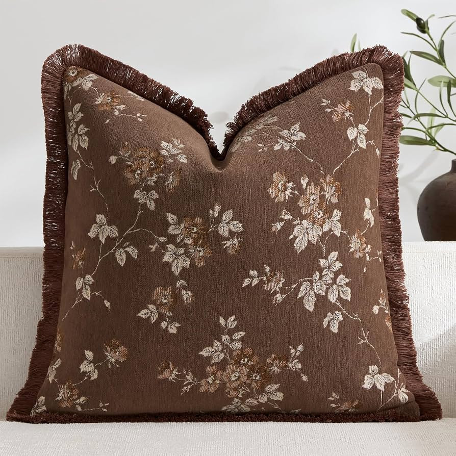 DEZENE Decorative Pillow Covers Floral Vintage Chenille Fringe Throw Pillow 18x18 Inch Brown Boho... | Amazon (US)