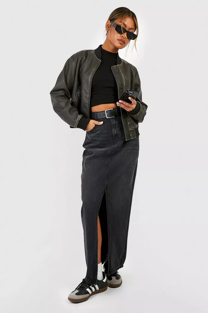 Vintage Look Faux Leather Oversized Cropped Bomber Jacket | boohoo (US & Canada)