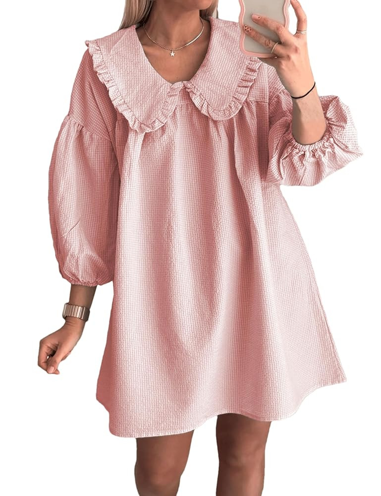 2025 Women's Babydoll 3/4 Puff Sleeve Plaid Mini Dress Lapel Doll Collar Loose Y2k Dress | Amazon (US)