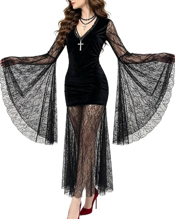 Women's Gothic Velvet Lace Maxi Dress V-Neck Bell Sleeve Halloween Witch | Amazon (US)