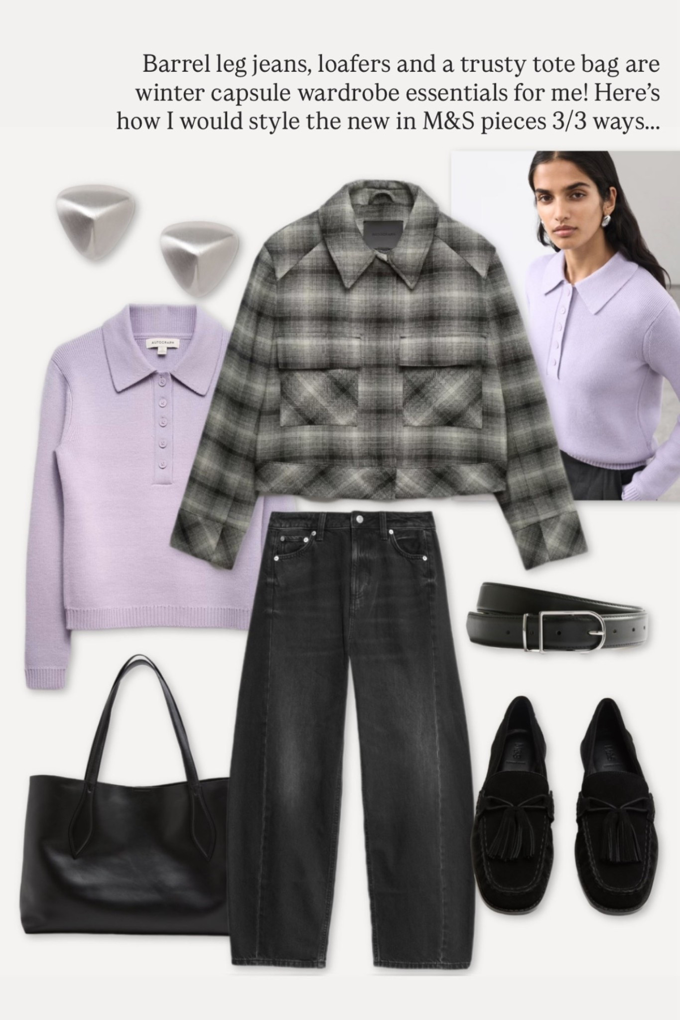 For the trendsetter 💜 2026 fashion trends - lilac and purple hues are set to be colour trends for this year. 

Lead the pack styling this beautiful merino polo neck knit in lavender with a heritage check jacket (a secondary 2026 runway trend) 

Styled with black barrel leg jeans, suede loafers and leather bag to ground the outfit (mixing textures so it doesn’t fall flat) 

All items from Marks & Spencer new in 

#2026fashiontrends #purple #jeans 

#LTKuk #LTKstyletip #LTKjeans