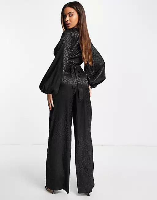 Missguided satin tie front wide leg jumpsuit in black | ASOS (Global)