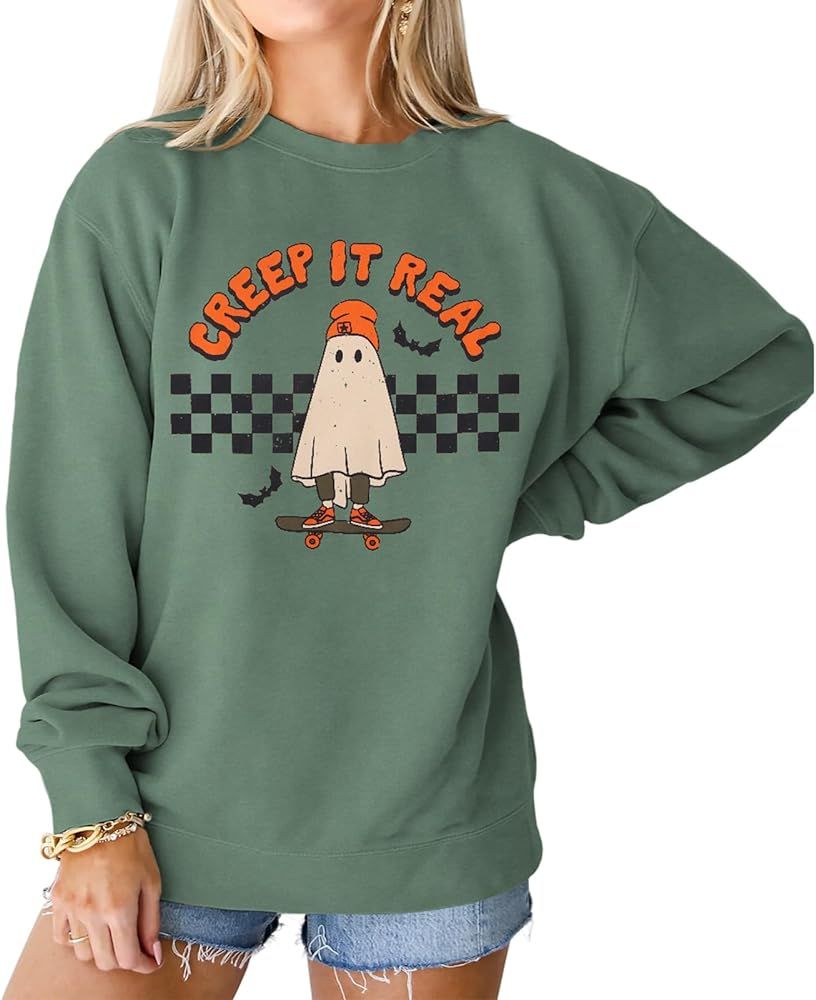 IZYJOY Creep It Real Halloween Sweatshirt Checkered Ghost Skateboard Crewneck Pullover Tops Spook... | Amazon (US)