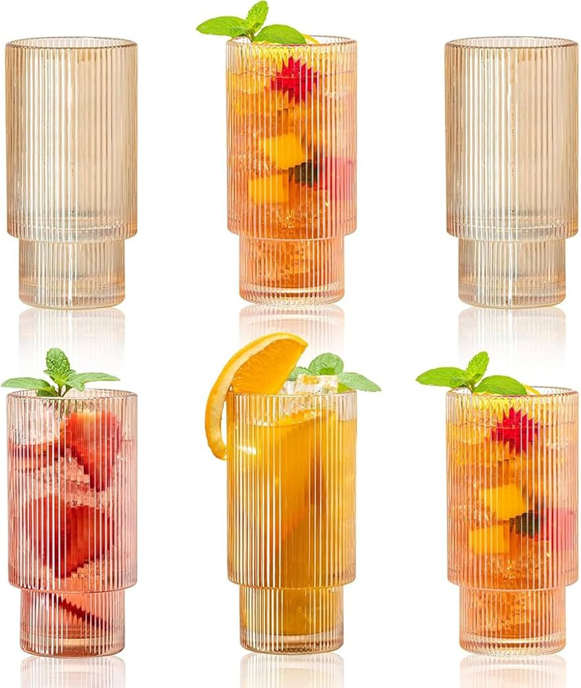 Ribbed Glassware Vintage Drinking Glasses - 11 oz Amber Glassware Stackable Highball Origami Styl... | Amazon (US)