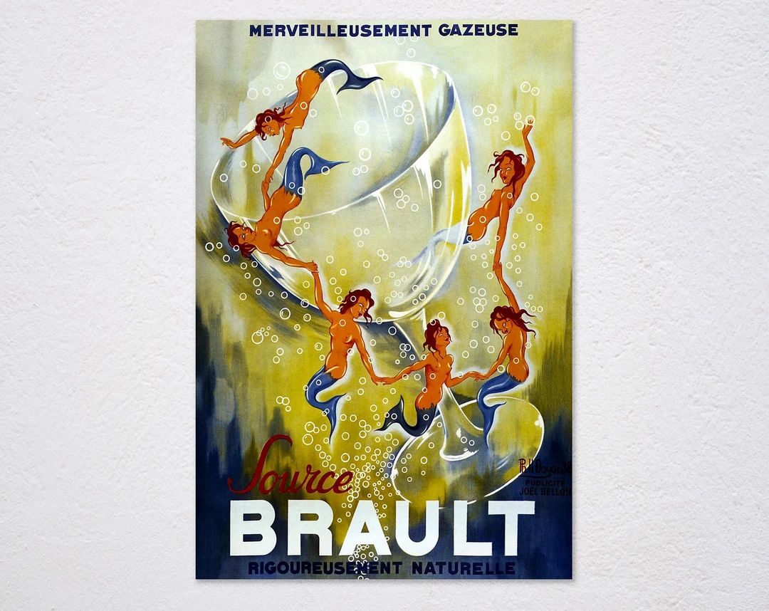 Source Brault Mermaids Wonderfully Sparkling Water French Vintage Retro Poster, Vintage Advertisi... | Etsy (US)