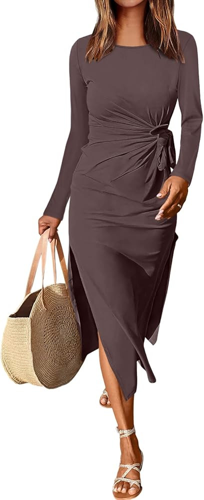 ANRABESS Womens 2025 Fall Long Sleeve Maxi Dress Crewneck Tie Waist Slit Casual Long T Shirt Dres... | Amazon (US)