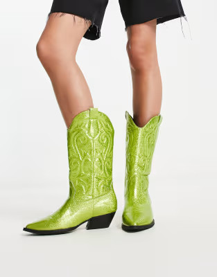 ASOS DESIGN - Andi - Platte kniehoge westernlaarzen in groene glitter | ASOS (Global)
