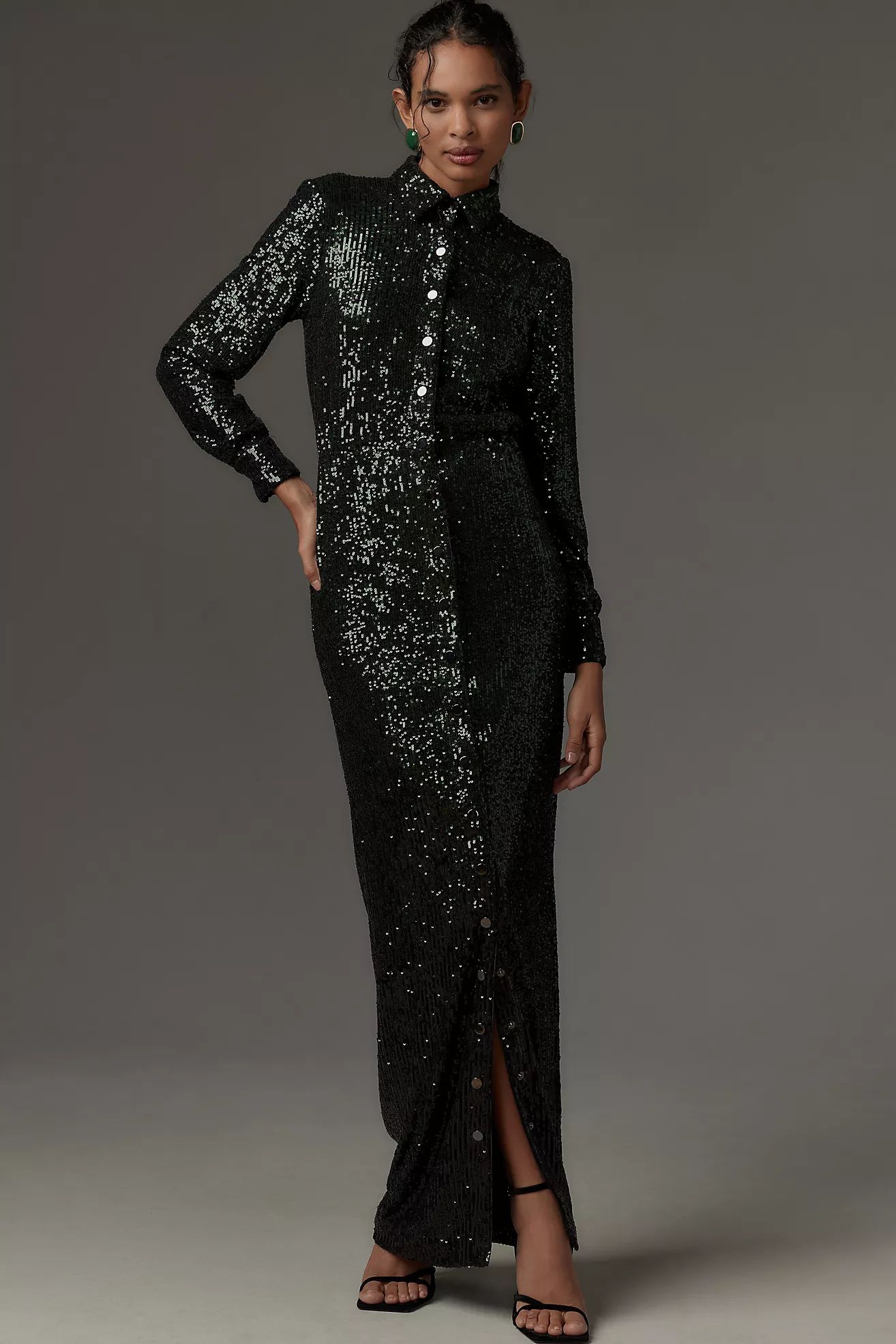 Dress The Population Connie Long-Sleeve Sequin Maxi Shirt Dress | Anthropologie (US)