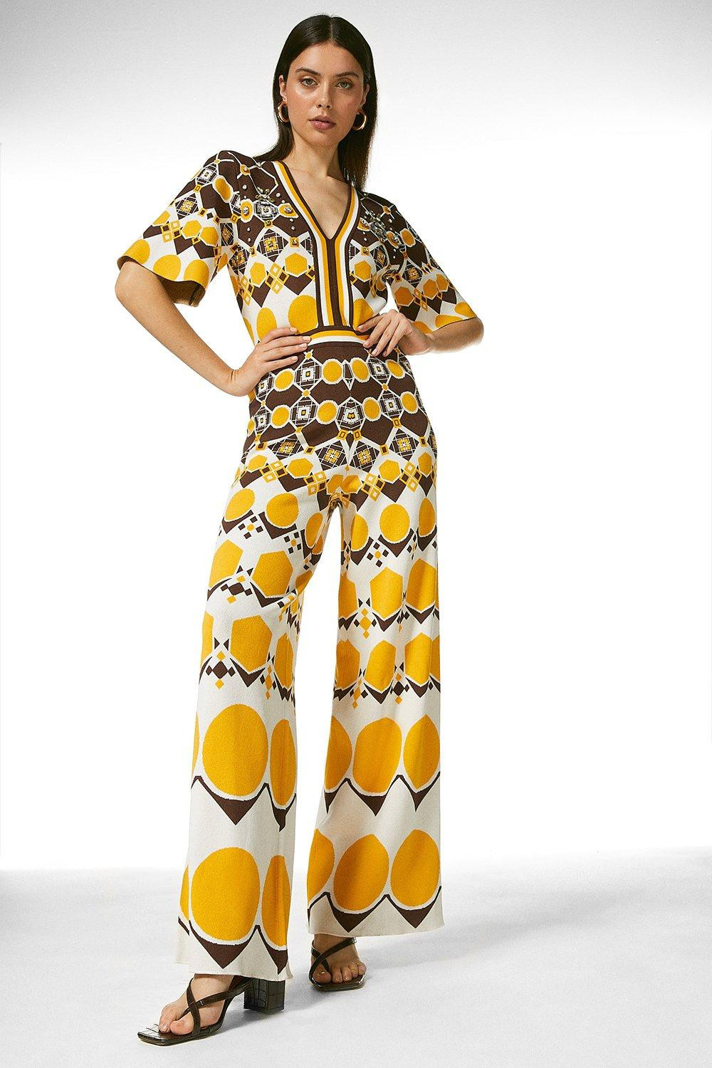 Embellished Jacquard Angel Sleeve Jumpsuit | Karen Millen UK & IE