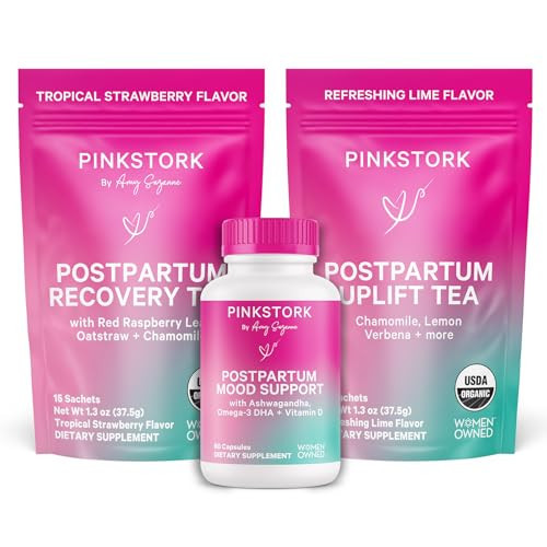 Pink Stork Postpartum Essentials for Hormone Balance, Recovery, and Mood Support for Women - Postnatal Vitamins with Ashwagandha, Raspberry Leaf Tea, and Chamomile Tea - Gifts for New Mom - Set of 3 | Amazon (US)