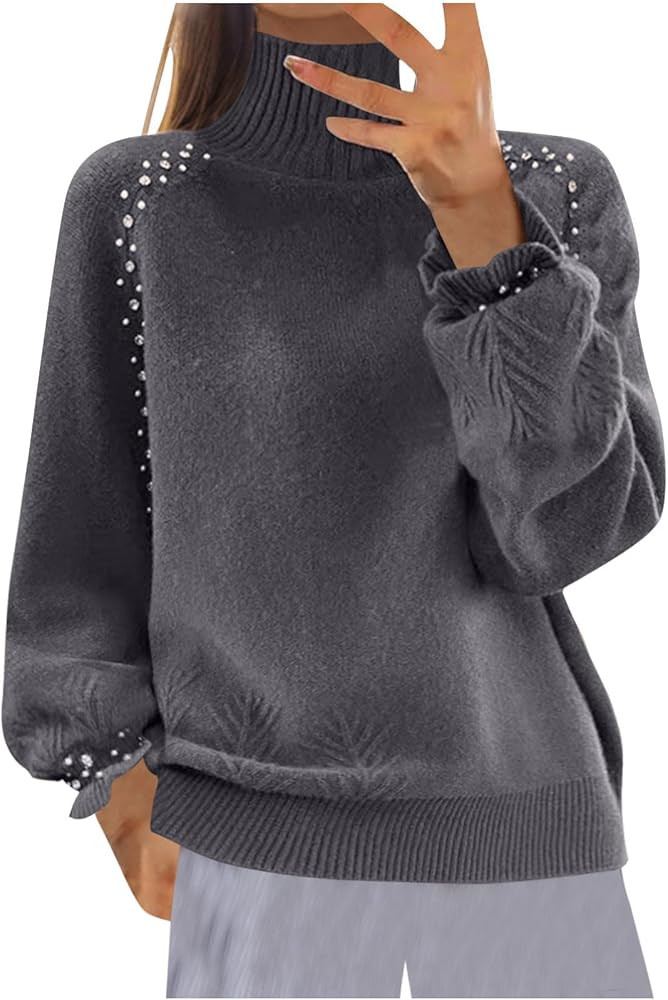Women's Rhinestones Sweaters Ladies Turtleneck Pullover Ruffle Long Sleeve Knit Sweater Fall Wint... | Amazon (US)