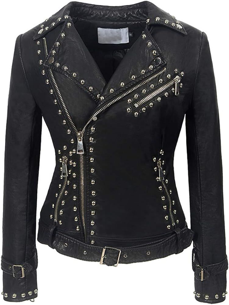 DISSA Women Zip Up Faux Suede Leather Biker Jacket Studded Jacket,P170 | Amazon (US)