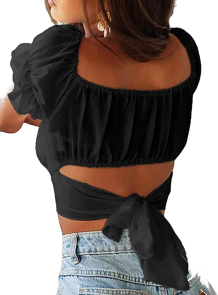 Avanova Women's Ruffle Short Sleeve Off Shoulder Tie Up Back Crop Blouse Top | Amazon (US)