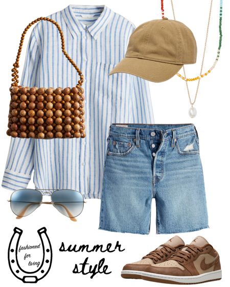 Summer outfit. Spring outfit. Transitional outfit. Summer style. Denim shorts. Denim shorts outfit. Button up. Linen. Casual shorts outfit. High waisted shorts. Neutral outfits. 

#LTKtravel #LTKover40 #LTKstyletip