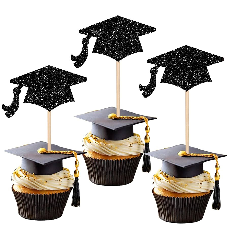 ZHUOWEISM 36 PCS Black Glitter Congrats Grad 2025 Graduation Cap Cupcake Picks - Class of 2025 Ca... | Amazon (US)