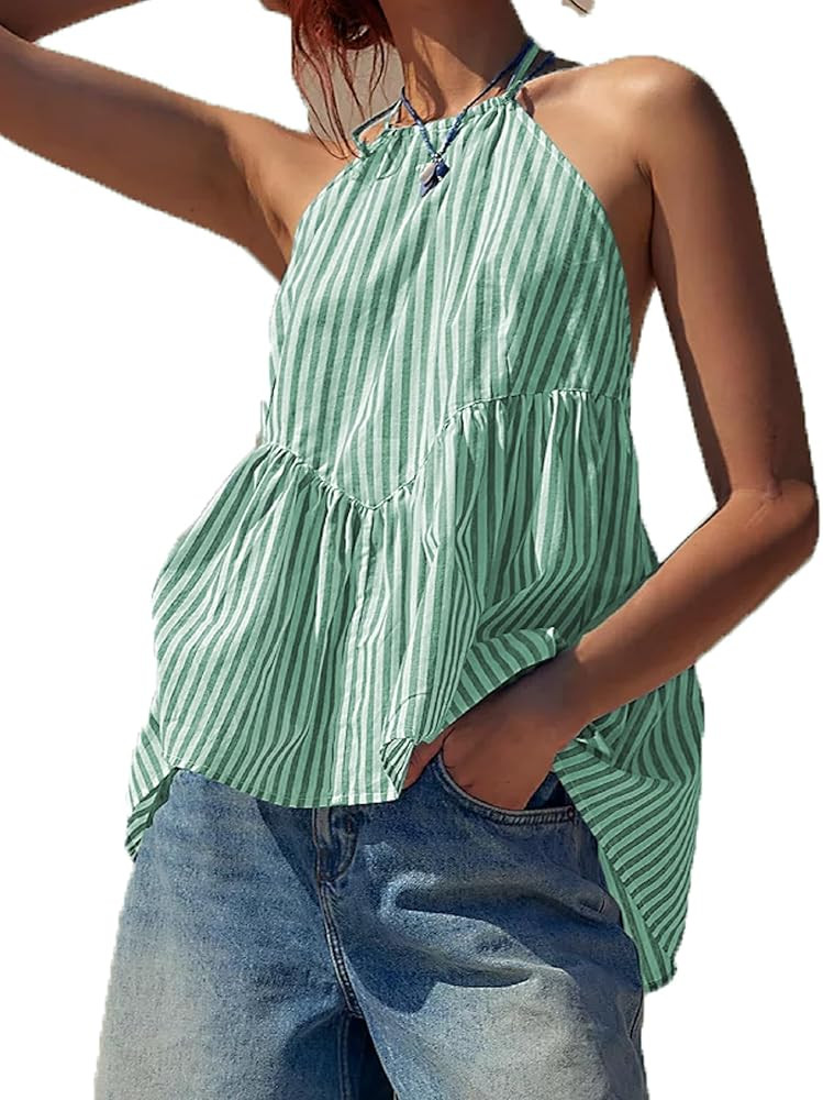NUFIWI Sexy Stripe Peplum Halter Top Sleeveless Open Back Striped Camisole Tie Neck Ruffled A Lin... | Amazon (US)