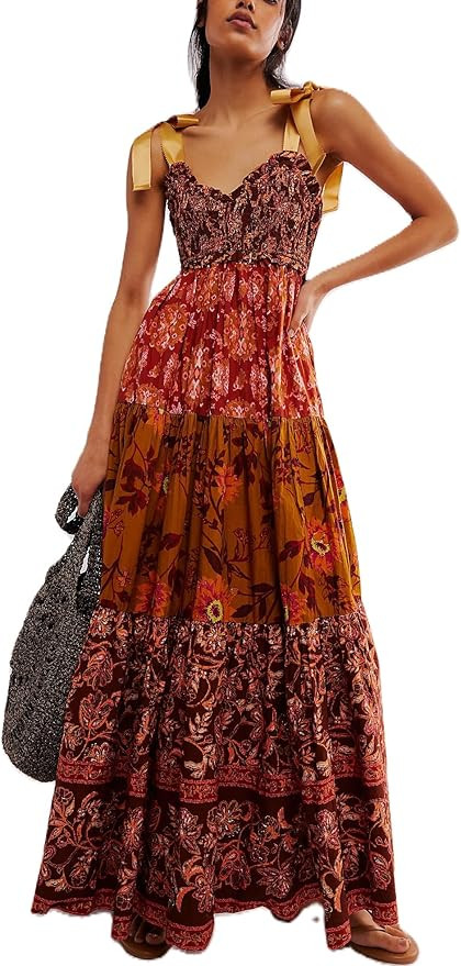 Women Boho Tie Shoulder Dress Y2k Floral Smocked Long Flowy Dresses Cute Summer Beach Spaghetti S... | Amazon (US)