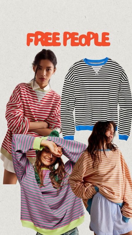 I wear this a sweatshirt anytime I need to be a little cozy this spring and summer. I wear a size small and I love all the different colors and pairing them with shorts and jeans even a maxi skirt. It runs oversize and is so comfy.

#stripedsweatshirt #freepeople 