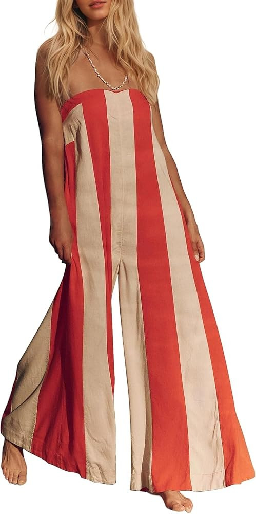 Striped Strapless Jumpsuits for Women Linen Wide Leg Long Romper | Amazon (US)