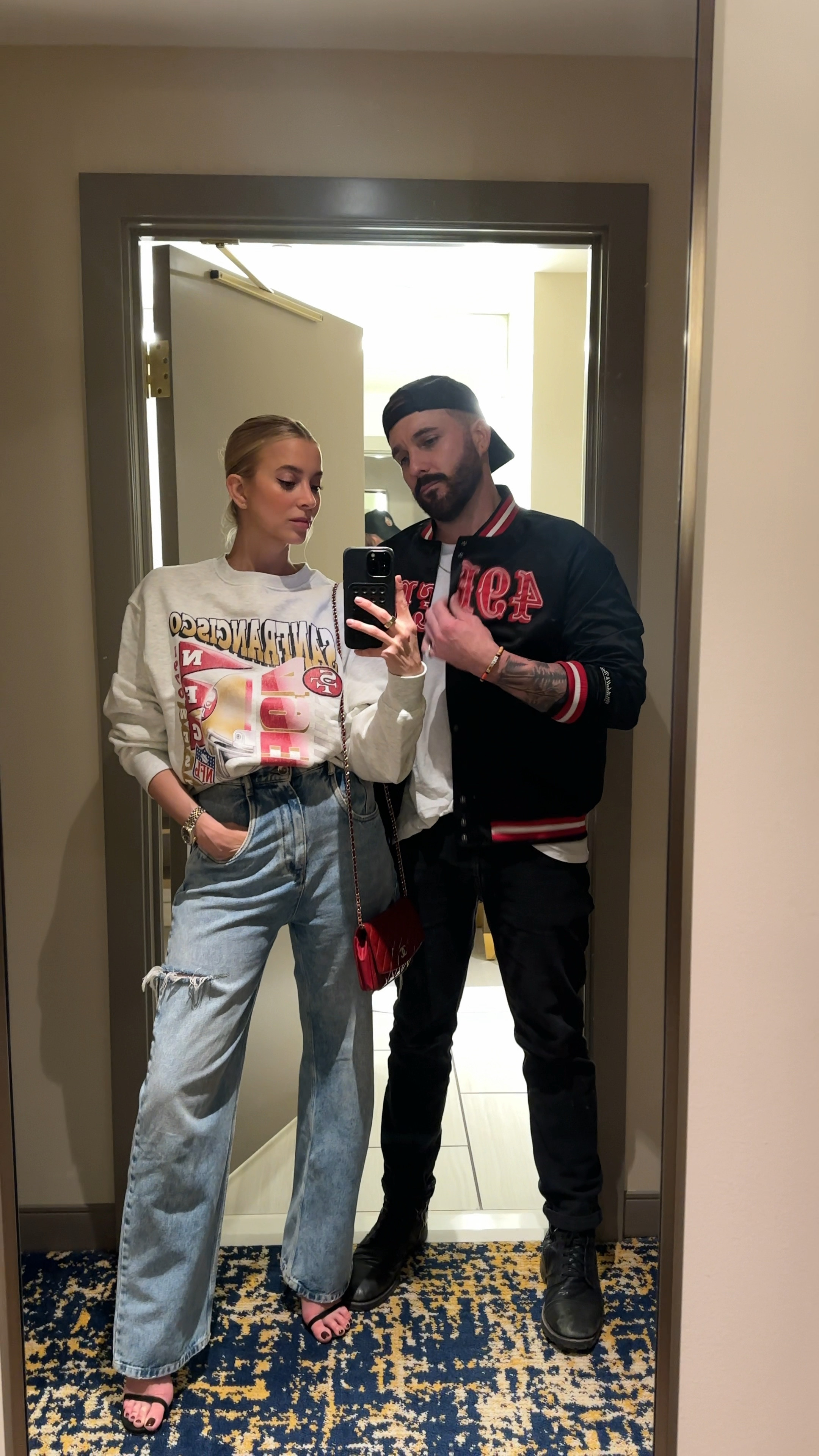 Super Bowl weekend night one fit! 🏈 I’m not really the mini dress type so it was a sweatshirt and jeans in Vegas kinda night! 
#49ers #SuperBowlFit 

#LTKbeauty #LTKshoecrush #LTKstyletip