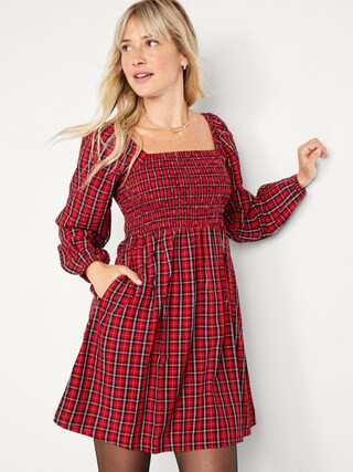 Fit & Flare Long-Sleeve Plaid Seersucker Mini Dress for Women | Old Navy (US)
