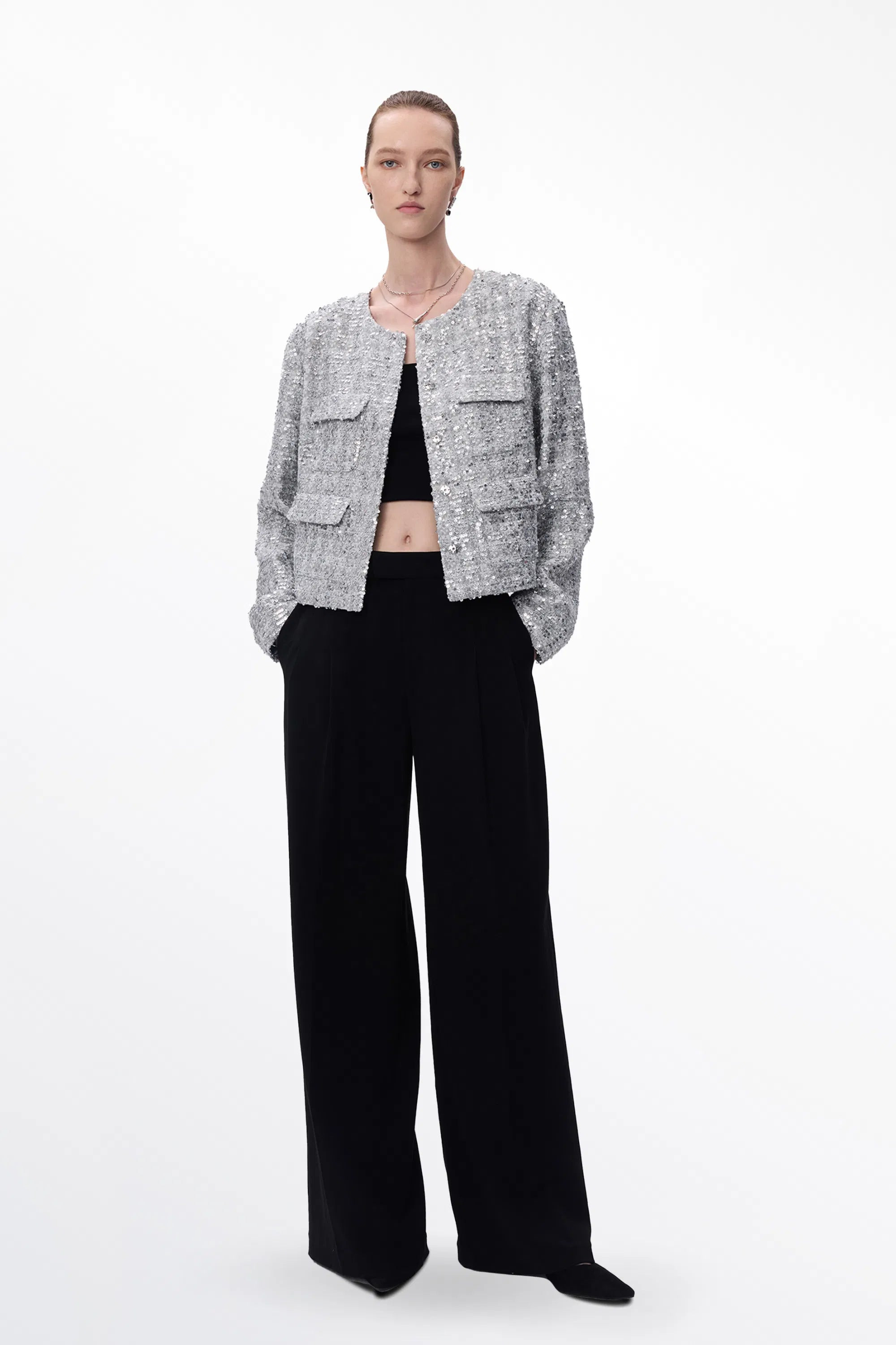 Iris Shimmering Silver Jacket in Sequined Tweed | Fabrique